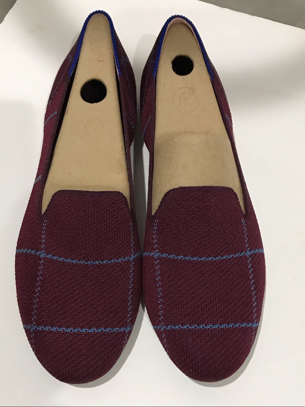 Rothy's Burgundy Flats with Blue Windowpane Stitching